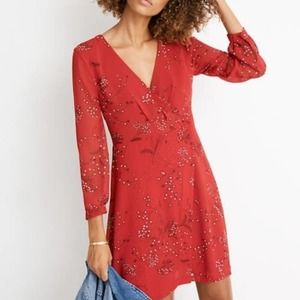 MADEWELL Hazelwood Faux Wrap Dress 2 Red Floral Mini Long Sleeve V-Neck Boho